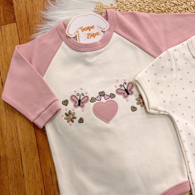 Conj. de Malha 3 peças - Borboletas e Corações - Rose e Off White